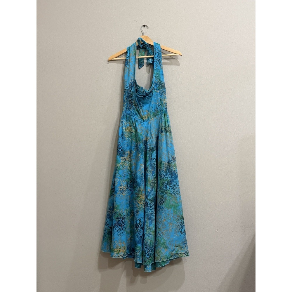 Bali Batiks Vintage A-Line Midi Halter Dress Large Hand Painted Resort Wear‎